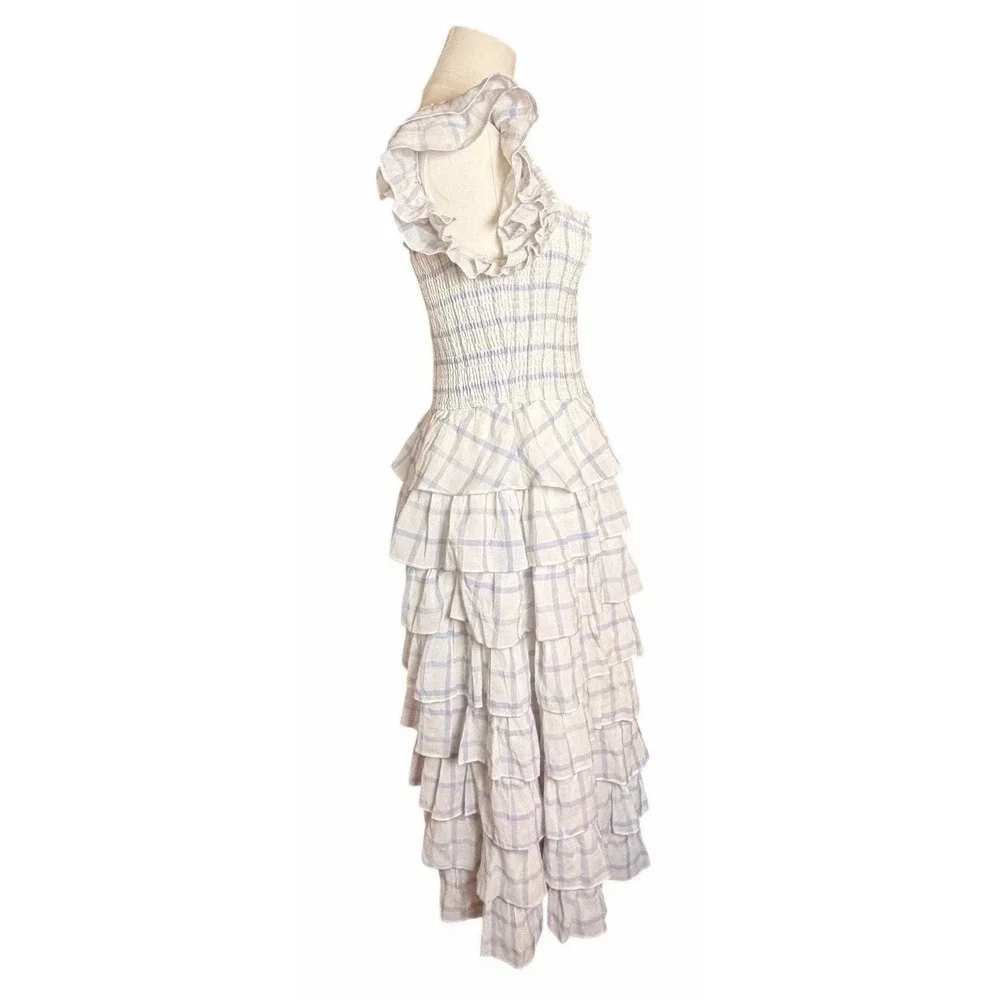 Storia Adelynn Ruffle Midi Dress S Blue White Plaid Smocked Cottagecore Prairie - Picture 5 of 11